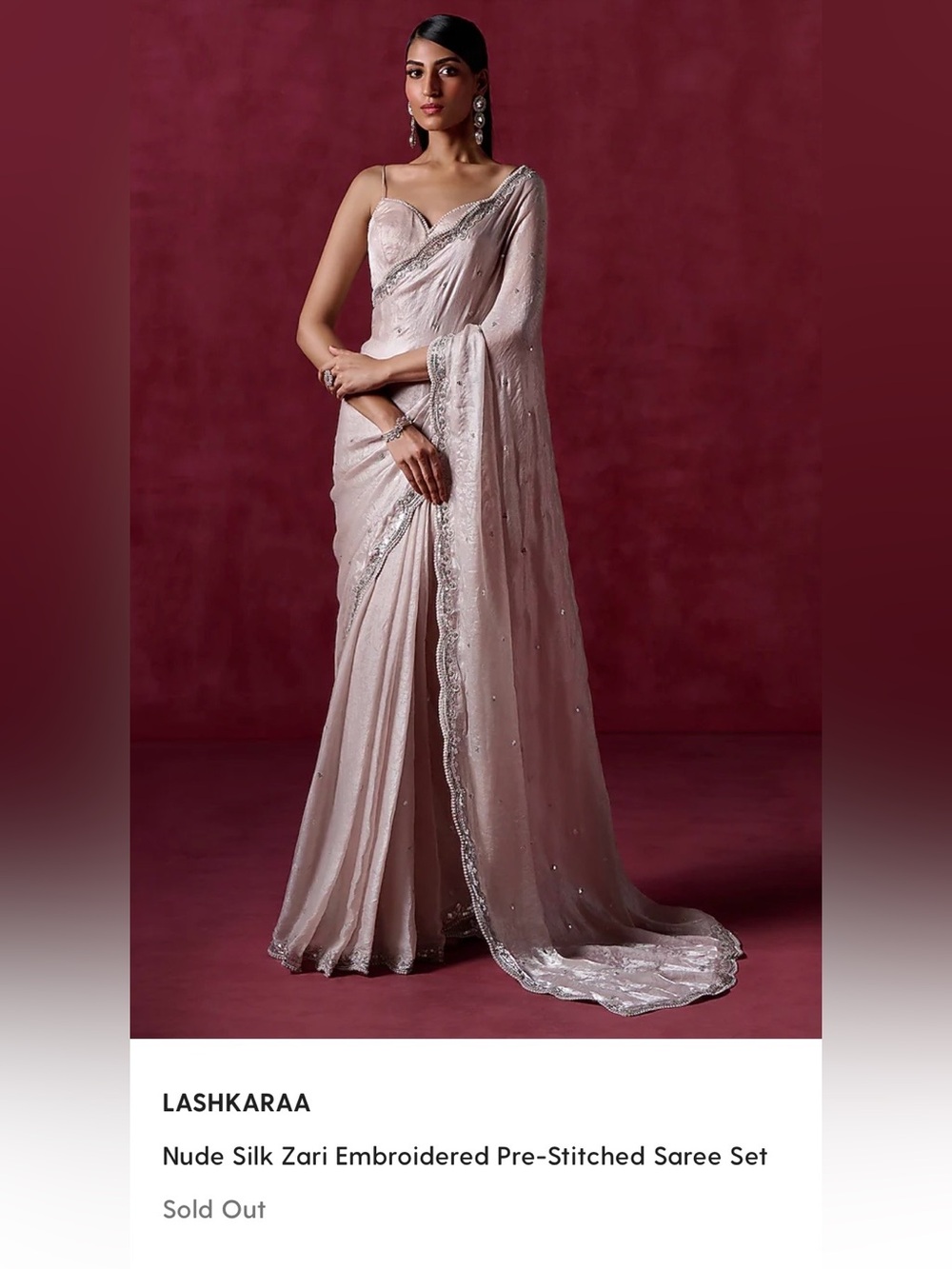 Lashkaraa Gorgeous Nude Silk Zari Embroidered Pre-Stitched Saree